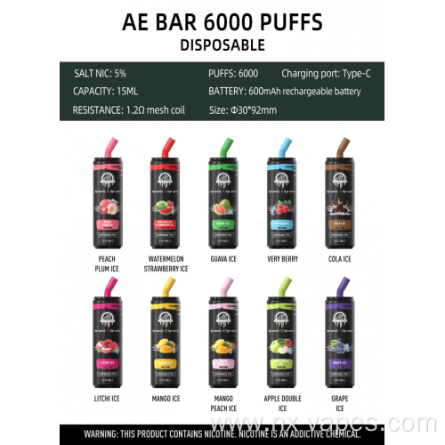 Hot Selling AE BAR Disposable Vape Device 6000puffs